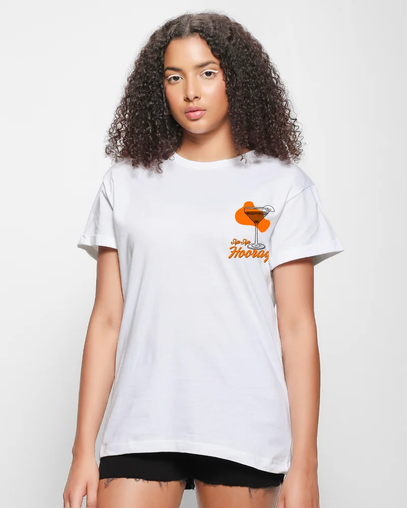 بيواكوف Women's White Sip Sip Hooray Graphic Printed Boyfriend T-shirt